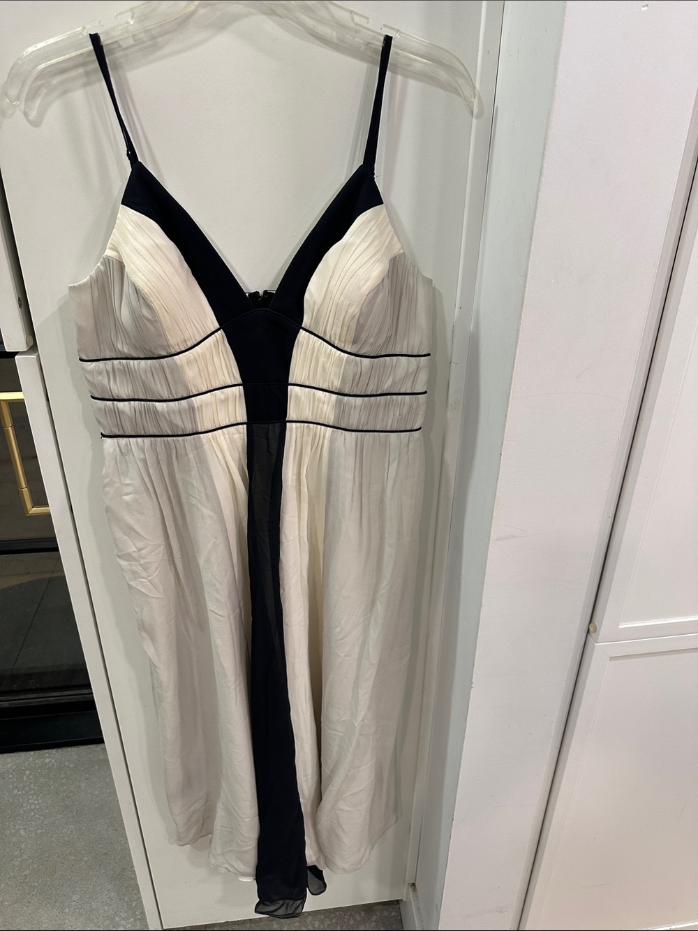 Max & Cleo Black and Cream Spaghetti Strap Silk Crepe Dress